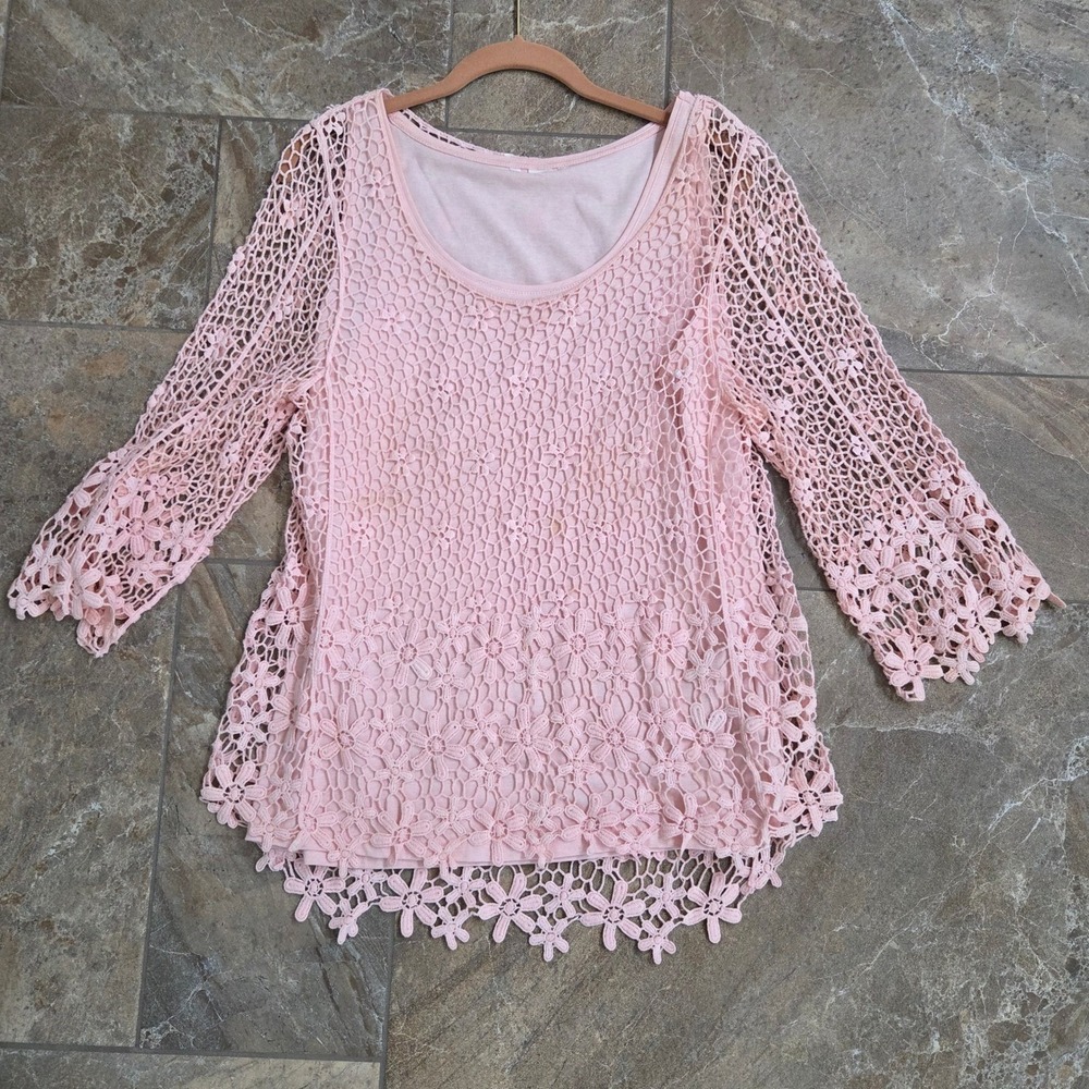Pink Floral Crochet Lace Overlay Top 3/4 Bell Sleeve Scoop Neck Boho Blouse M‎